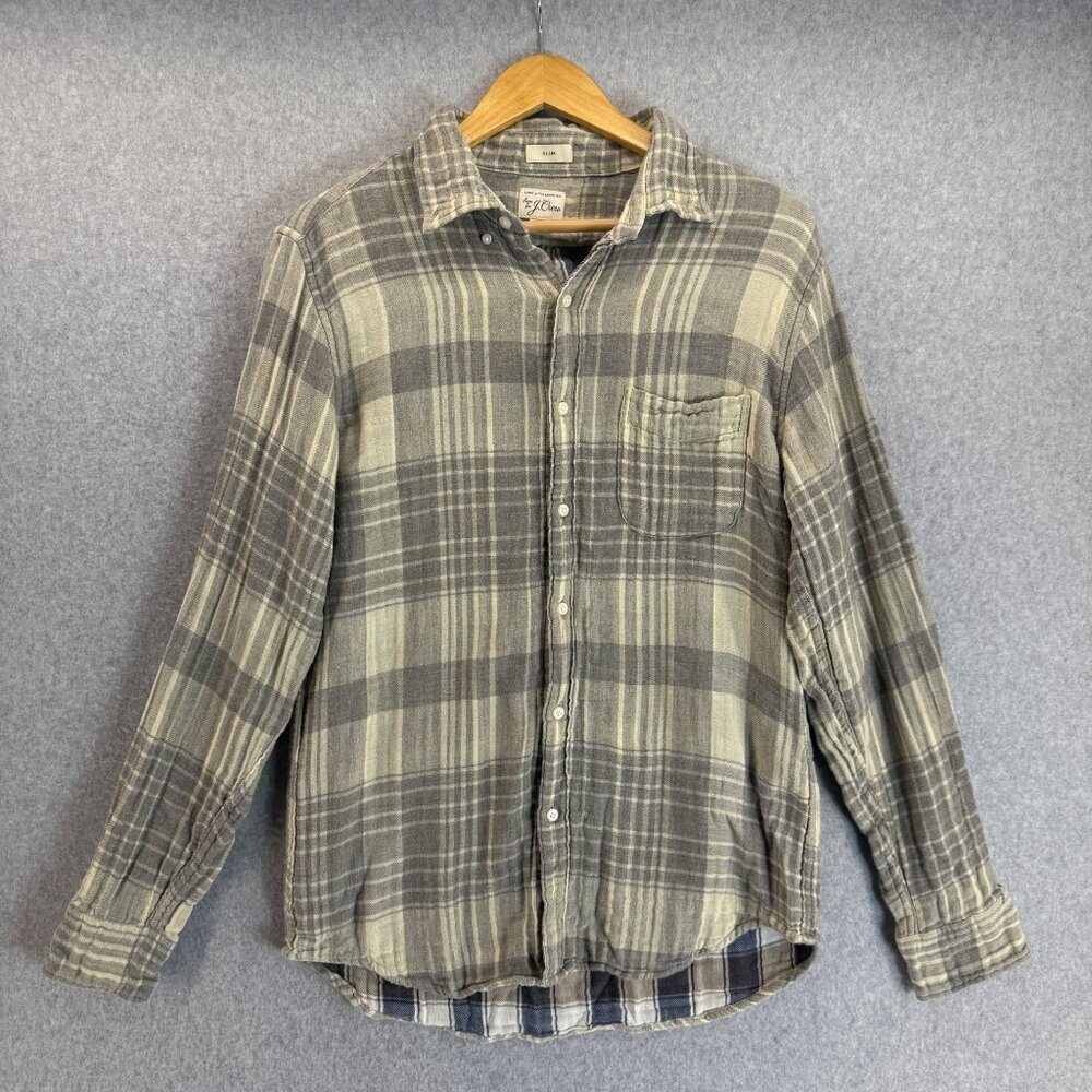 J. Crew Mens Gray Plaid Flannel Button Front‎ Shirt Cotton Size Medium Slim Fit
